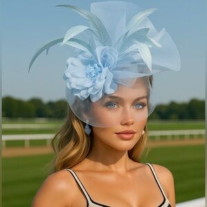 Elegant Blue Fascinator with Floral Design Organza Feathers Kentucky Derby Hat